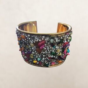 Statement Crystal and Multicolor Chip Cuff Bracelet | Gold Tone Wide Bangle